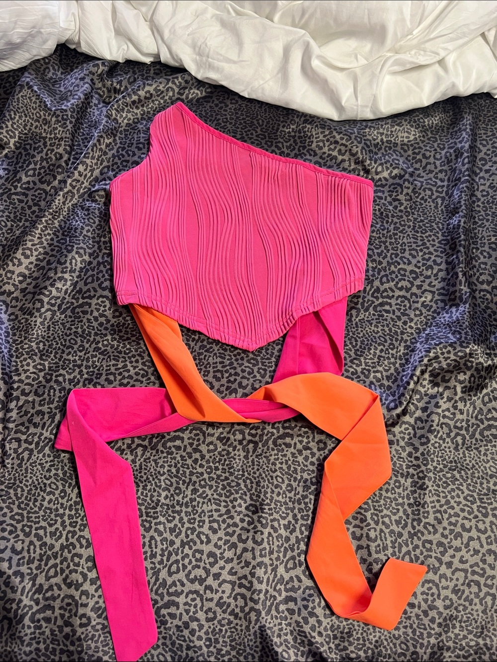 Shein Hot Pink One-Shoulder Crop Top with Orange Tie